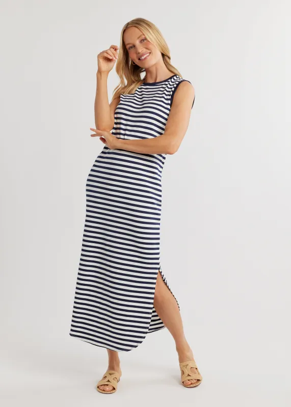 Lana Dress in RepreveĀ® Striped Stretch (Navy/White Stripe) sold by Dudley Stephens