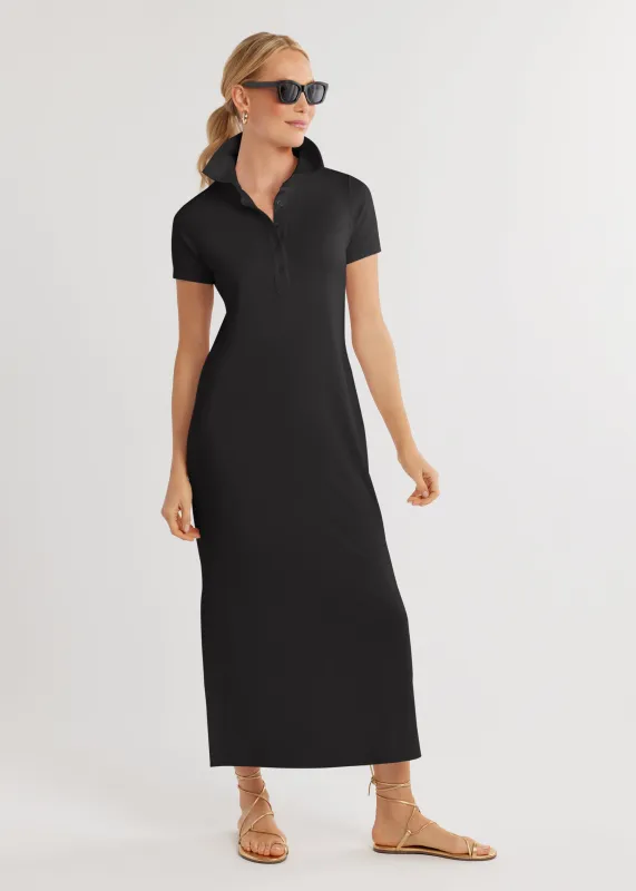 Short Sleeve Savannah Maxi Dress in Luxe Stretch (Black) sold by Dudley Stephens
