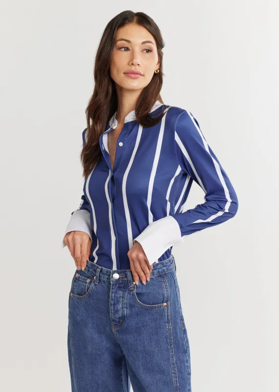 Edie Button Down in Luxe Stretch (True Blue Shirting Stripe) made by Dudley Stephens