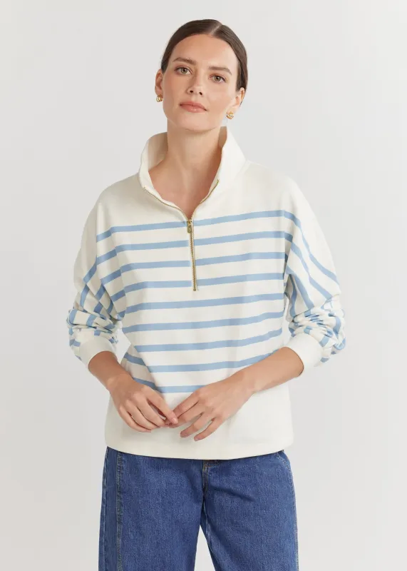 Marion Zip Pullover in Terry Fleece (Cream/Ice Blue Placed Stripe) sold by Dudley Stephens