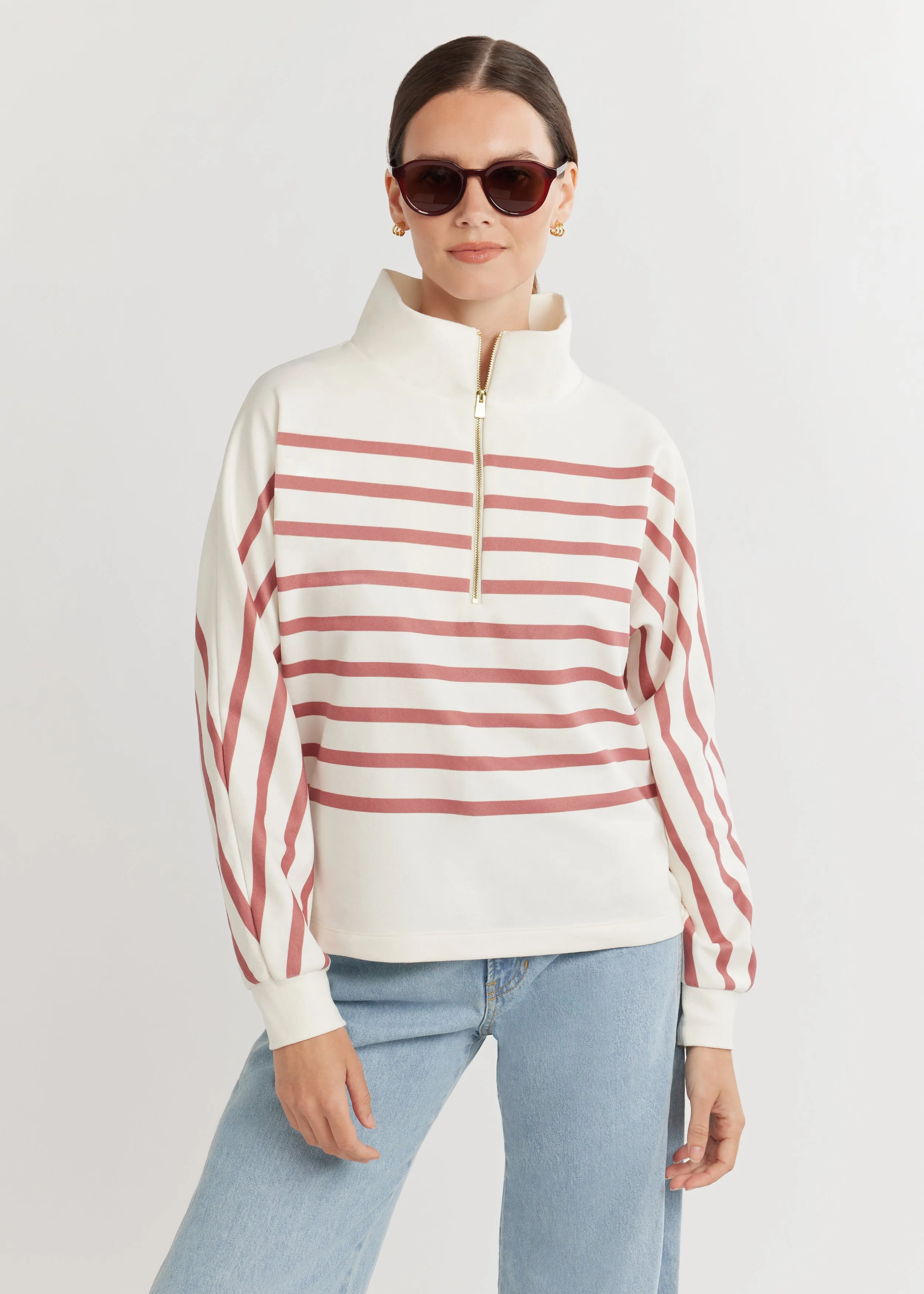 Marion Zip Pullover in Terry Fleece (Cream/Dusty Rose Placed Stripe) sold by Dudley Stephens