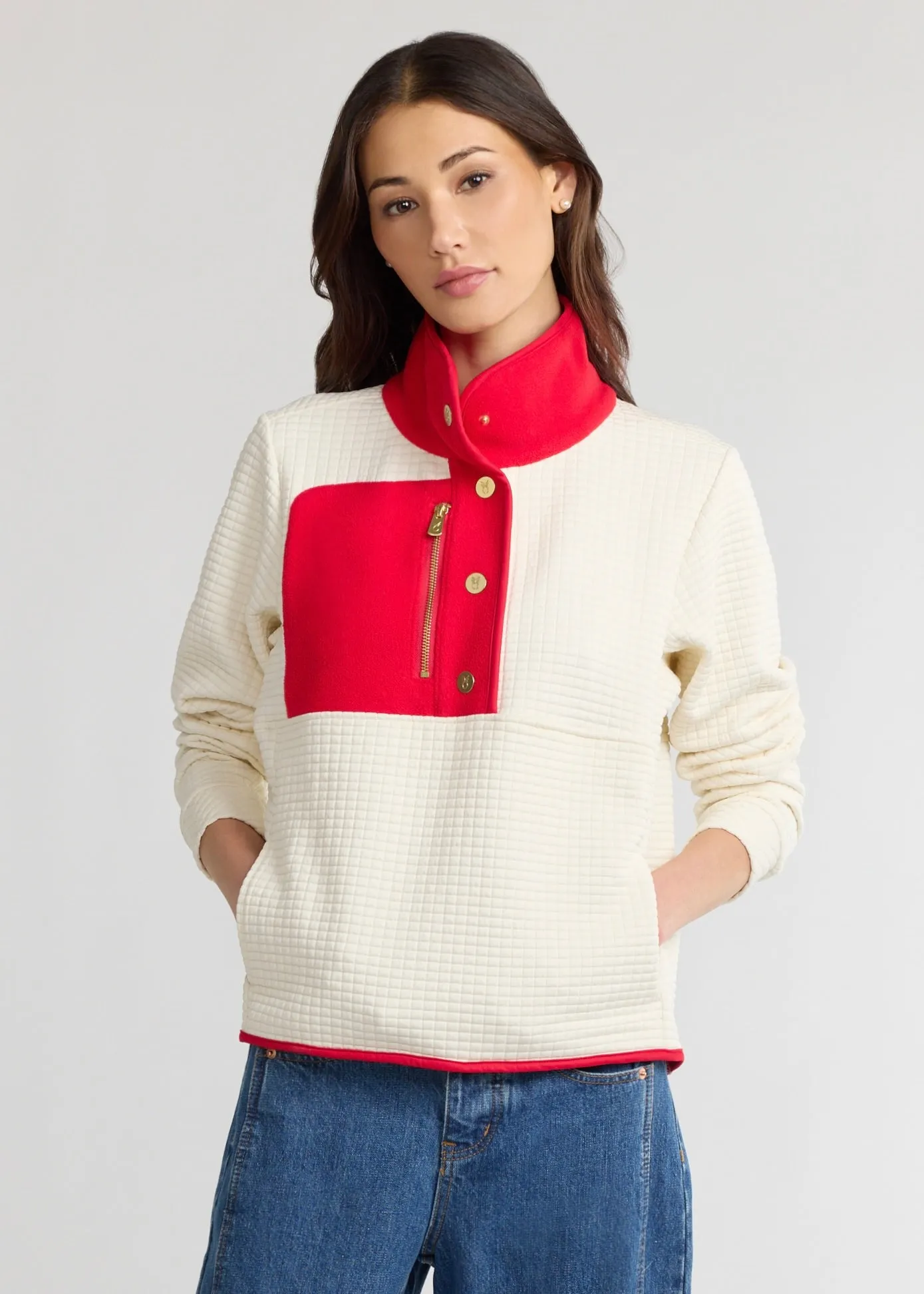 Cherry Lawn Pullover in Waffle/Vello Fleece (Cream/Cherry Red) sold by Dudley Stephens
