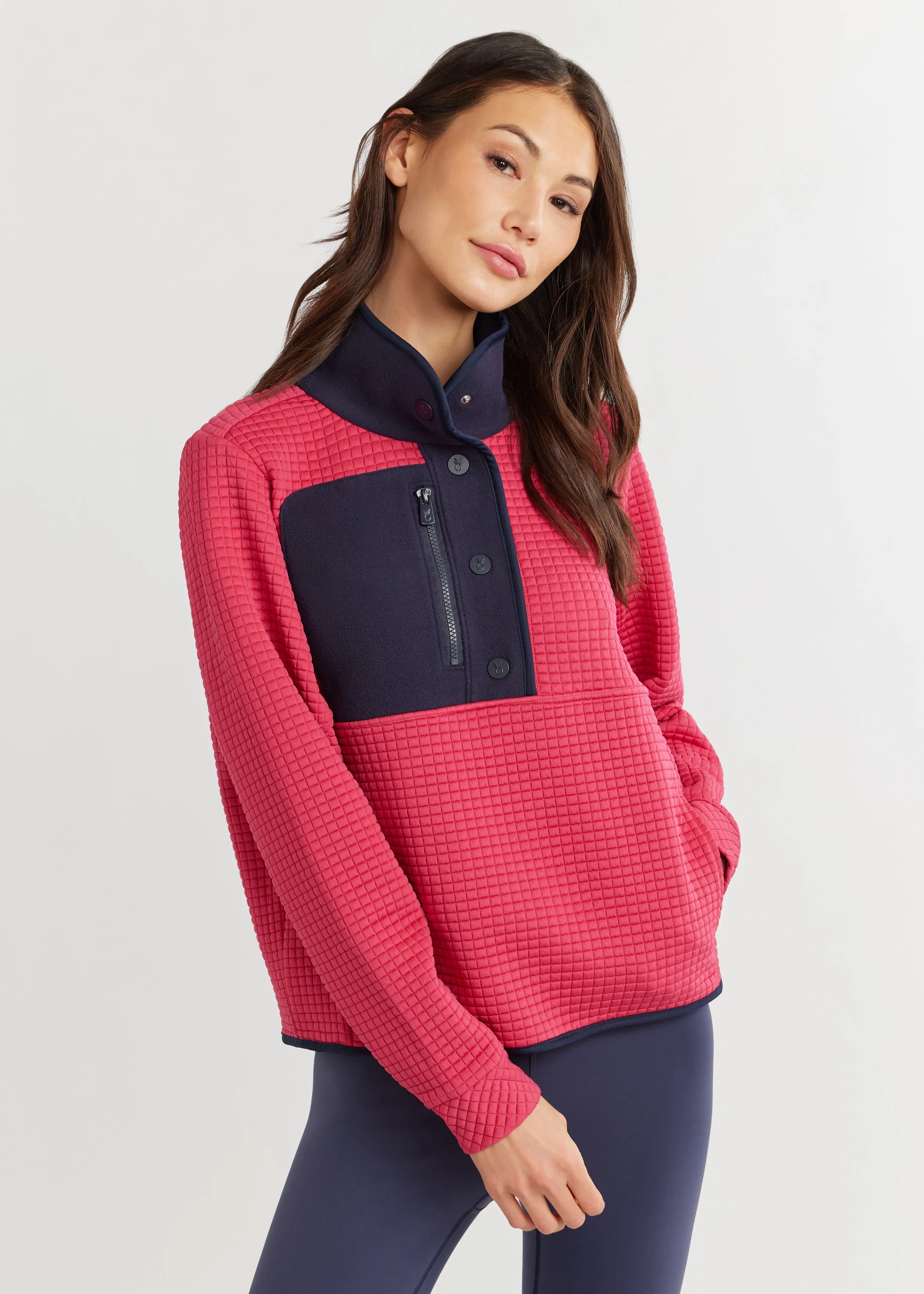 Cherry Lawn Pullover in Waffle/Vello Fleece (Berry/Navy) sold by Dudley Stephens