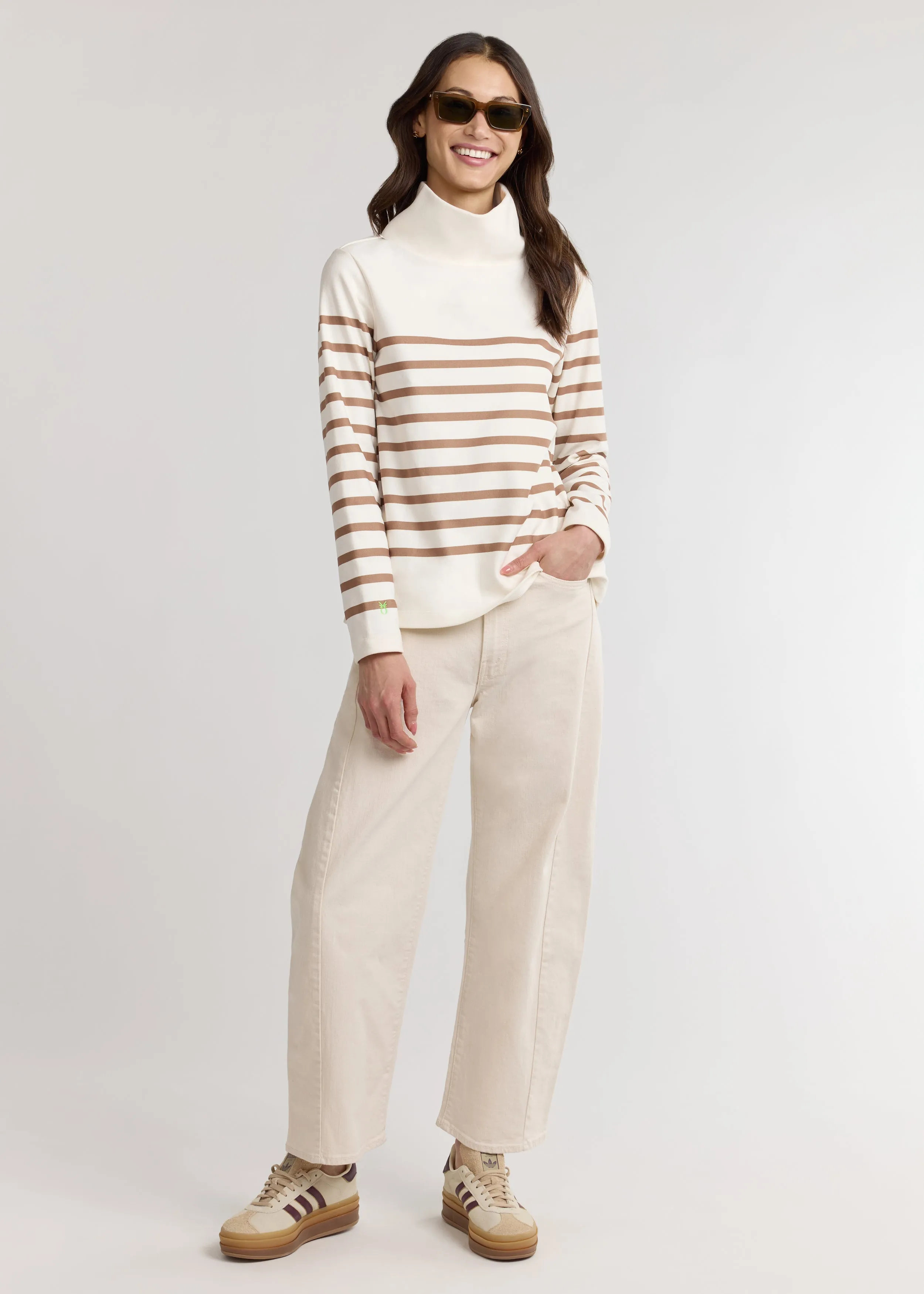 Greenpoint Turtleneck in Terry Fleece (Cream/Camel Placed Stripe) sold by Dudley Stephens product image thumbnail 2