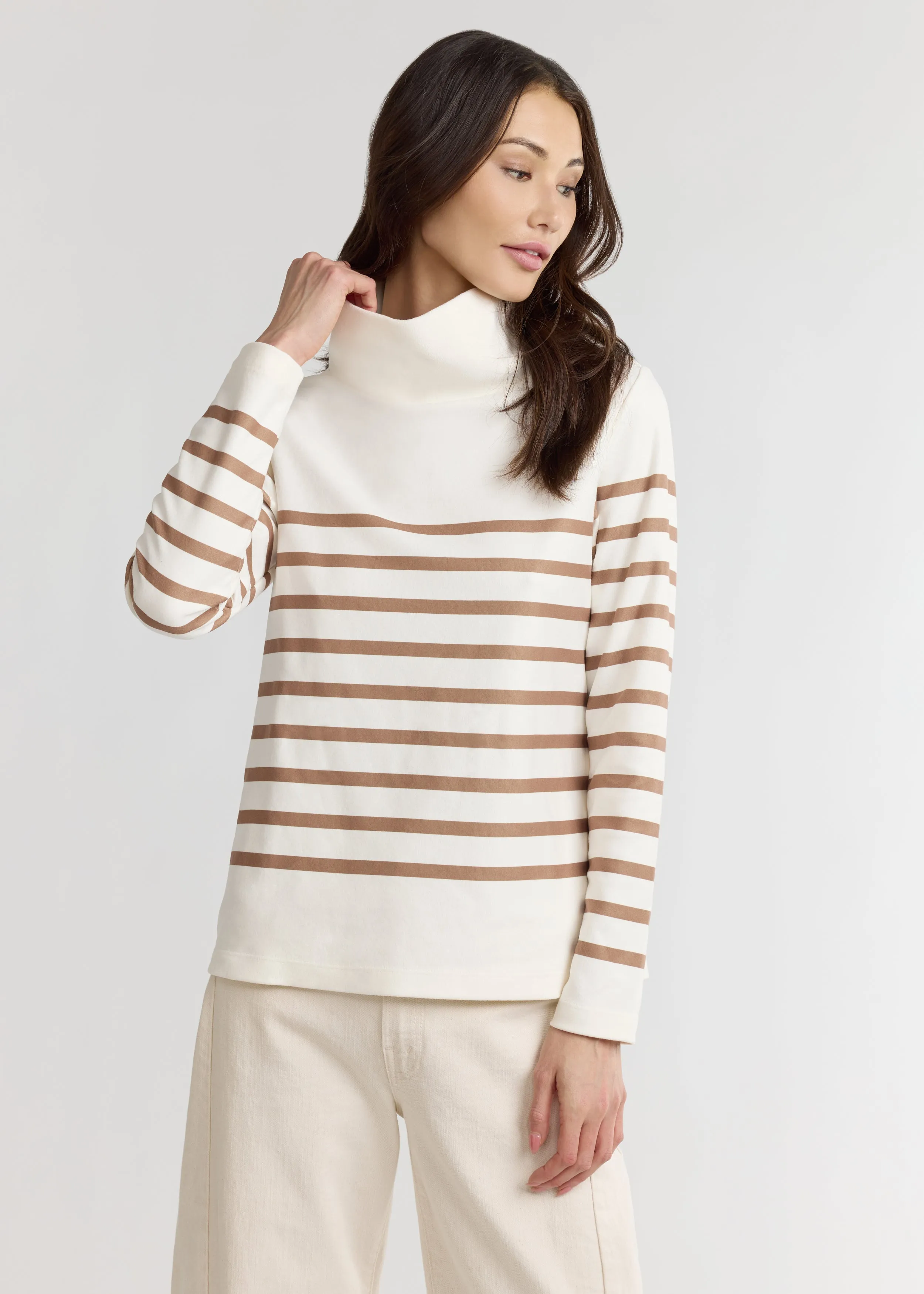Greenpoint Turtleneck in Terry Fleece (Cream/Camel Placed Stripe) sold by Dudley Stephens