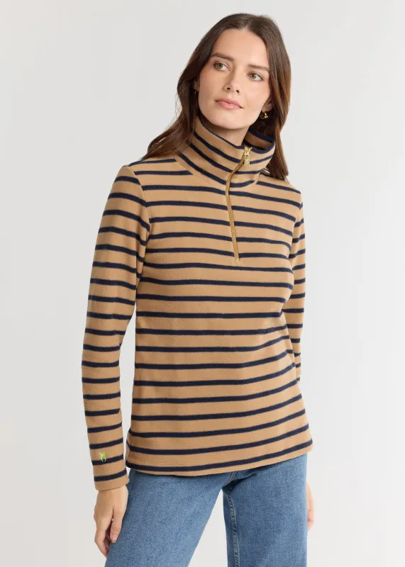 Manchester Pullover in Vello Fleece (Camel/Navy Mariner Stripe) sold by Dudley Stephens