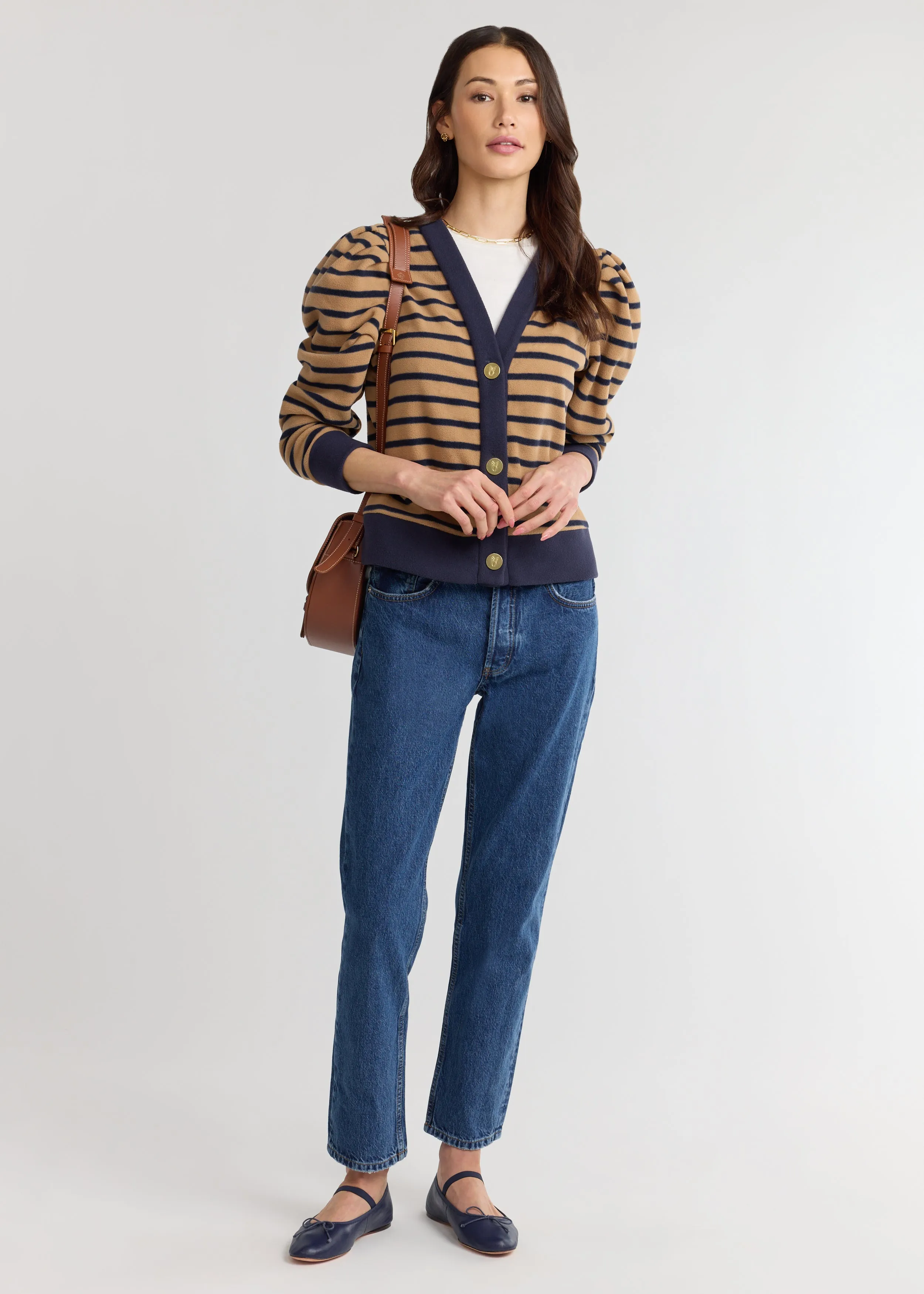 Kelly Puff Sleeve Cardigan in Vello Fleece (Camel/Navy Mariner Stripe) sold by Dudley Stephens product image thumbnail 2