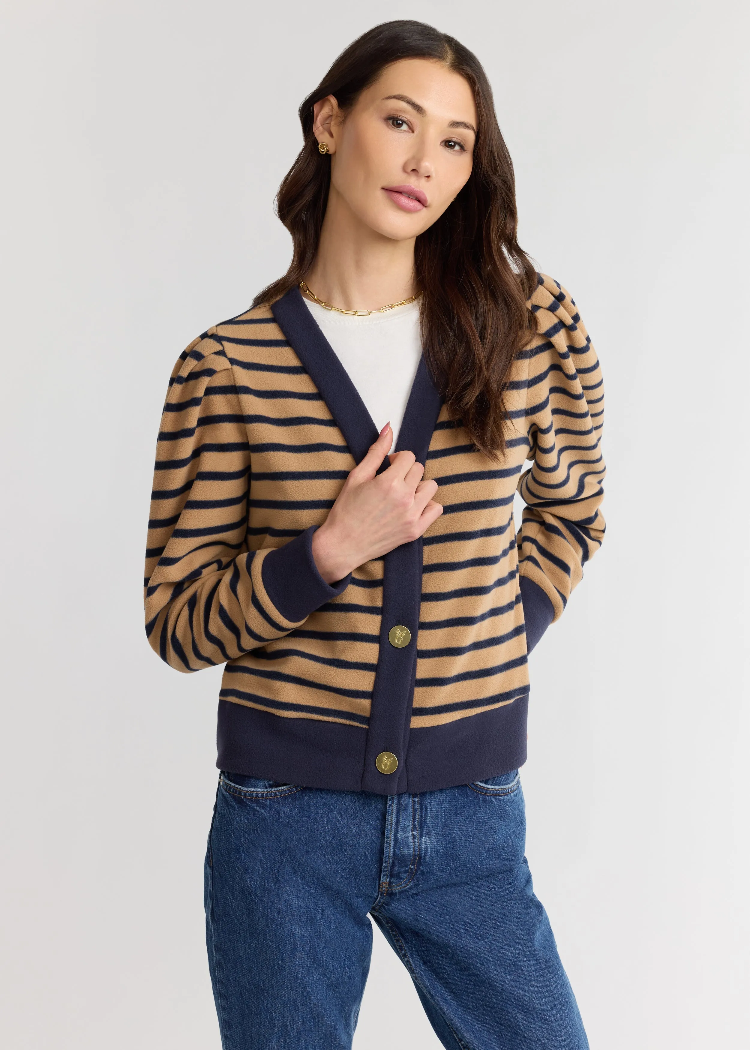 Kelly Puff Sleeve Cardigan in Vello Fleece (Camel/Navy Mariner Stripe) sold by Dudley Stephens