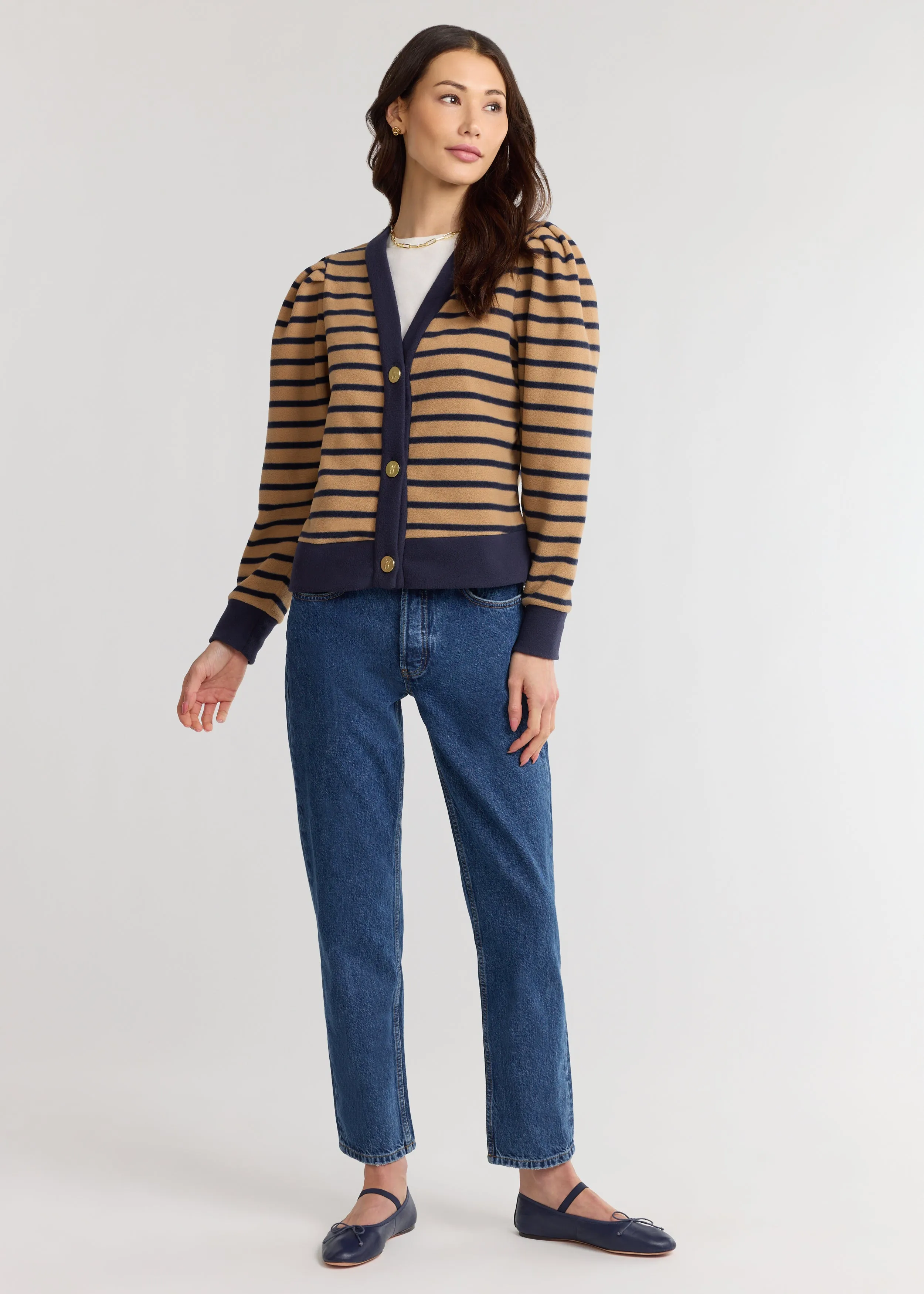 Kelly Puff Sleeve Cardigan in Vello Fleece (Camel/Navy Mariner Stripe) sold by Dudley Stephens product image thumbnail 3