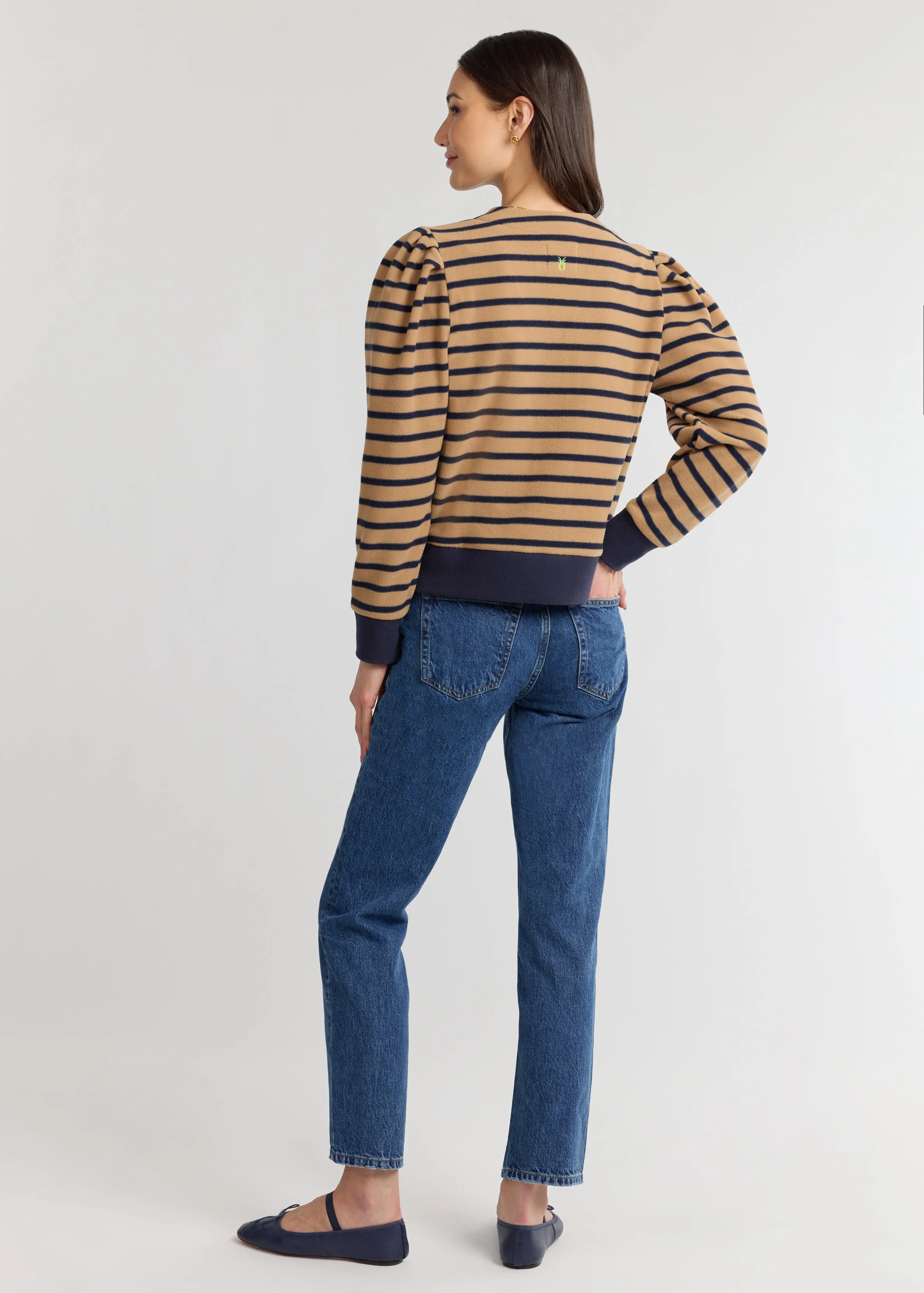 Kelly Puff Sleeve Cardigan in Vello Fleece (Camel/Navy Mariner Stripe) sold by Dudley Stephens product image thumbnail 4