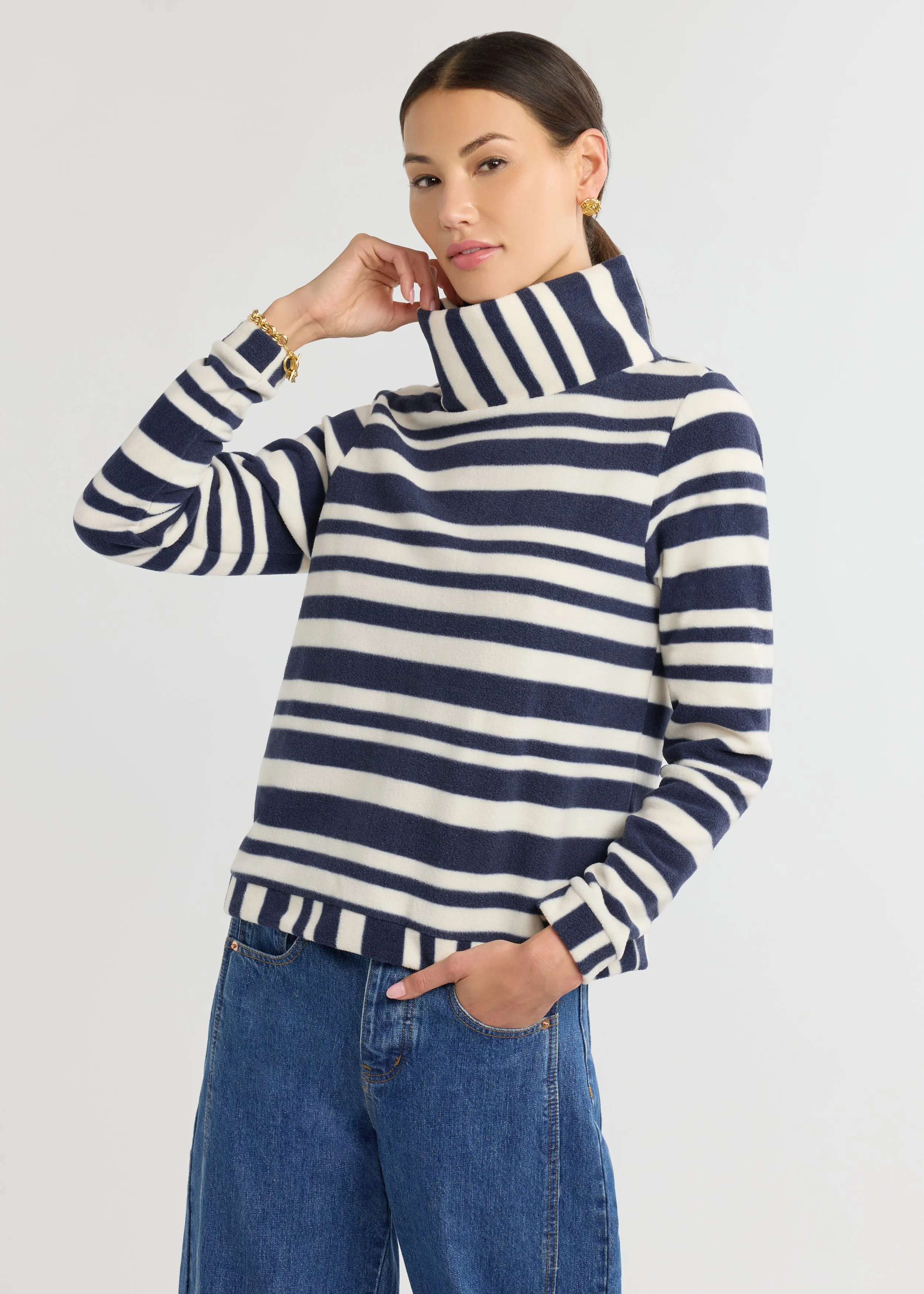 Park Slope Turtleneck in Vello Fleece (Navy/Cream Variegated Stripe) sold by Dudley Stephens
