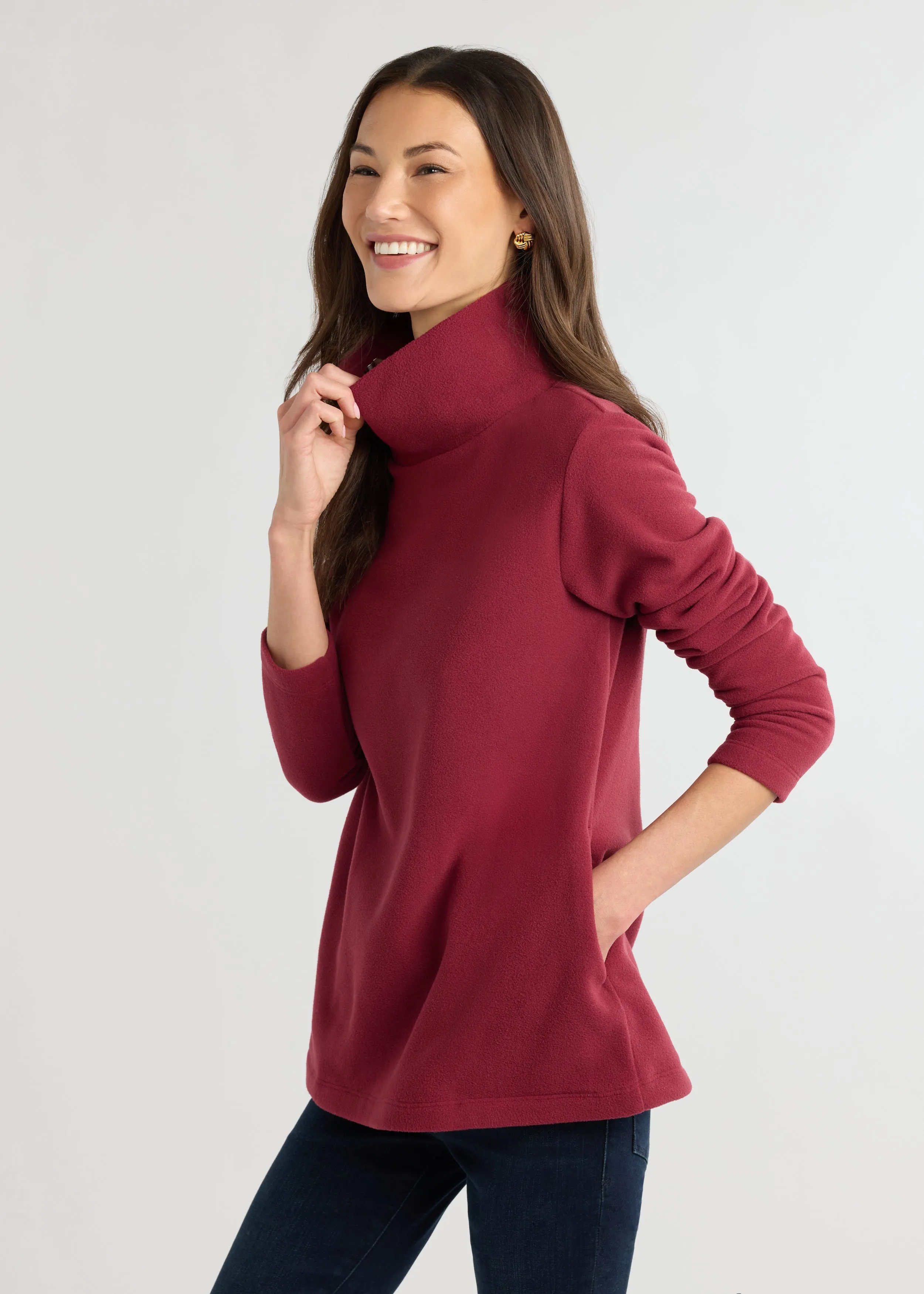 Cobble Hill Turtleneck in Vello Fleece (Burgundy) sold by Dudley Stephens