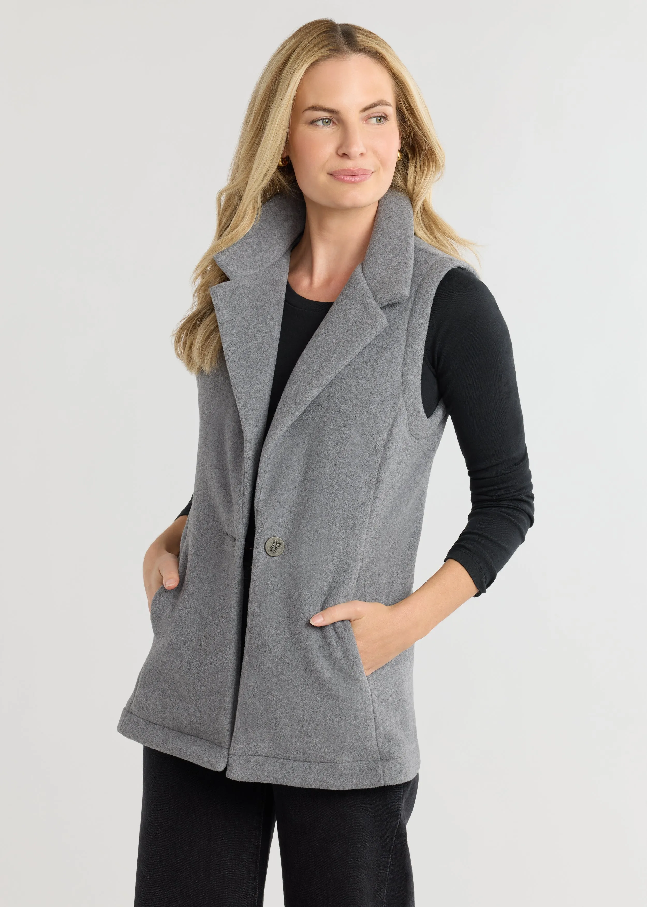 Pacific Vest in Double Layer Vello Fleece (Charcoal Grey) sold by Dudley Stephens