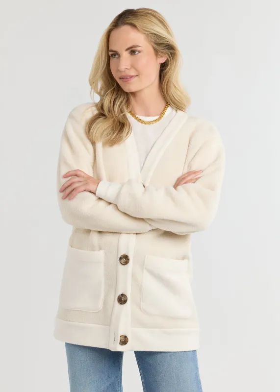 Maeve Cardigan in Sherpa Fleece (Cream) sold by Dudley Stephens
