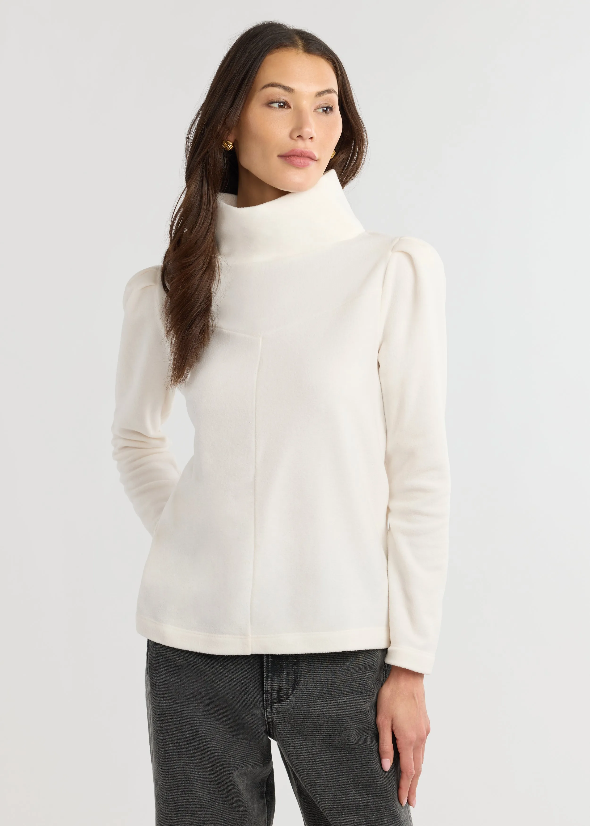 Camilla Puff Sleeve Turtleneck in Vello Fleece (Cream) sold by Dudley Stephens