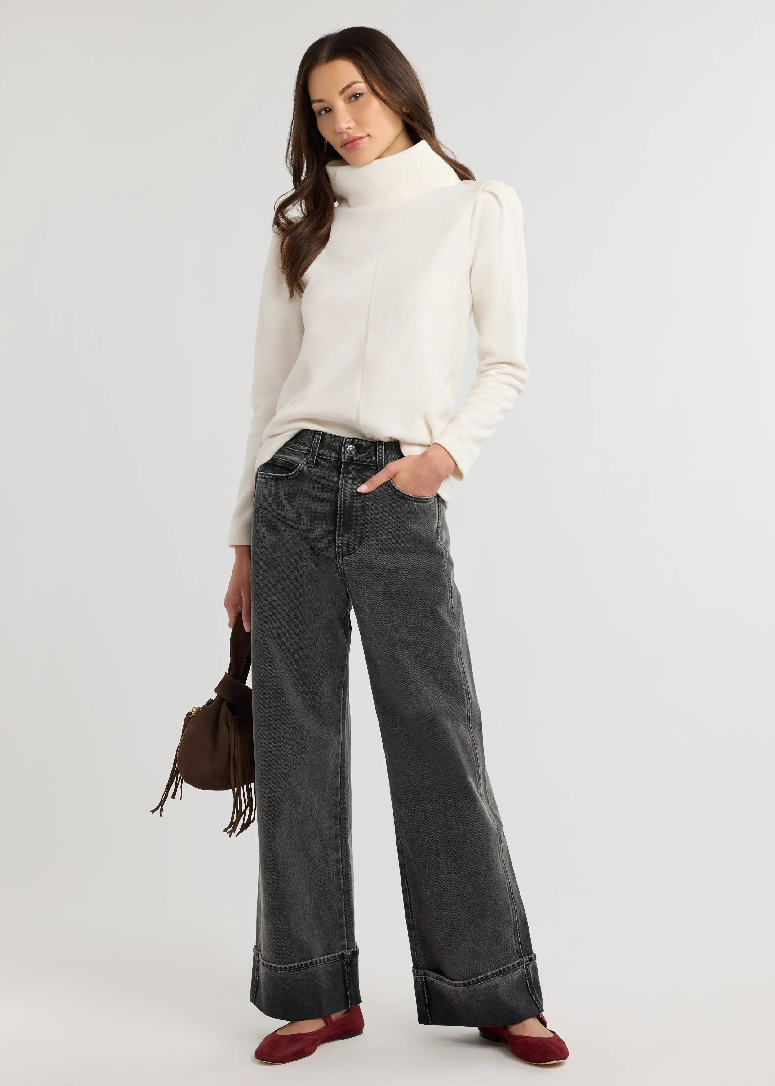 Camilla Puff Sleeve Turtleneck in Vello Fleece (Cream) sold by Dudley Stephens product image thumbnail 2