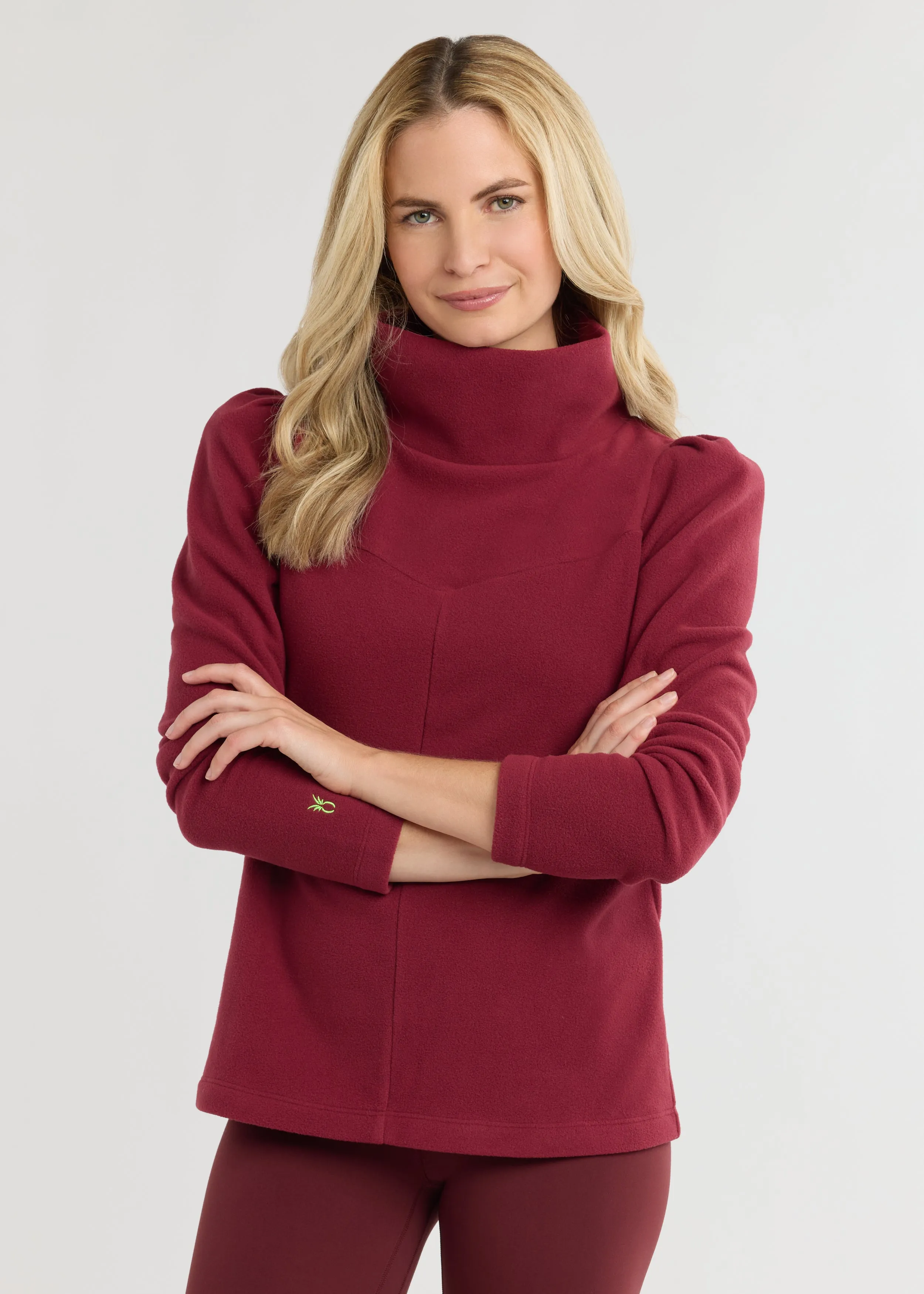 Camilla Puff Sleeve Turtleneck in Vello Fleece (Burgundy) sold by Dudley Stephens