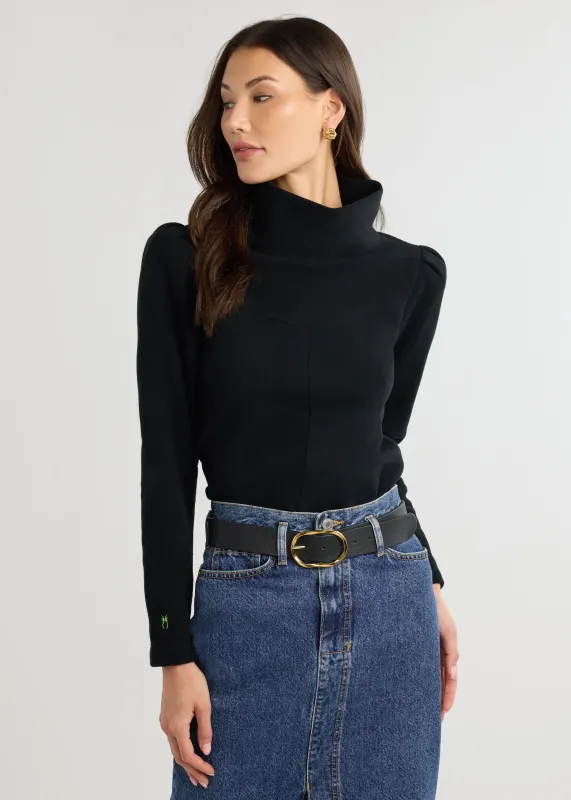 Camilla Puff Sleeve Turtleneck in Vello Fleece (Black) sold by Dudley Stephens