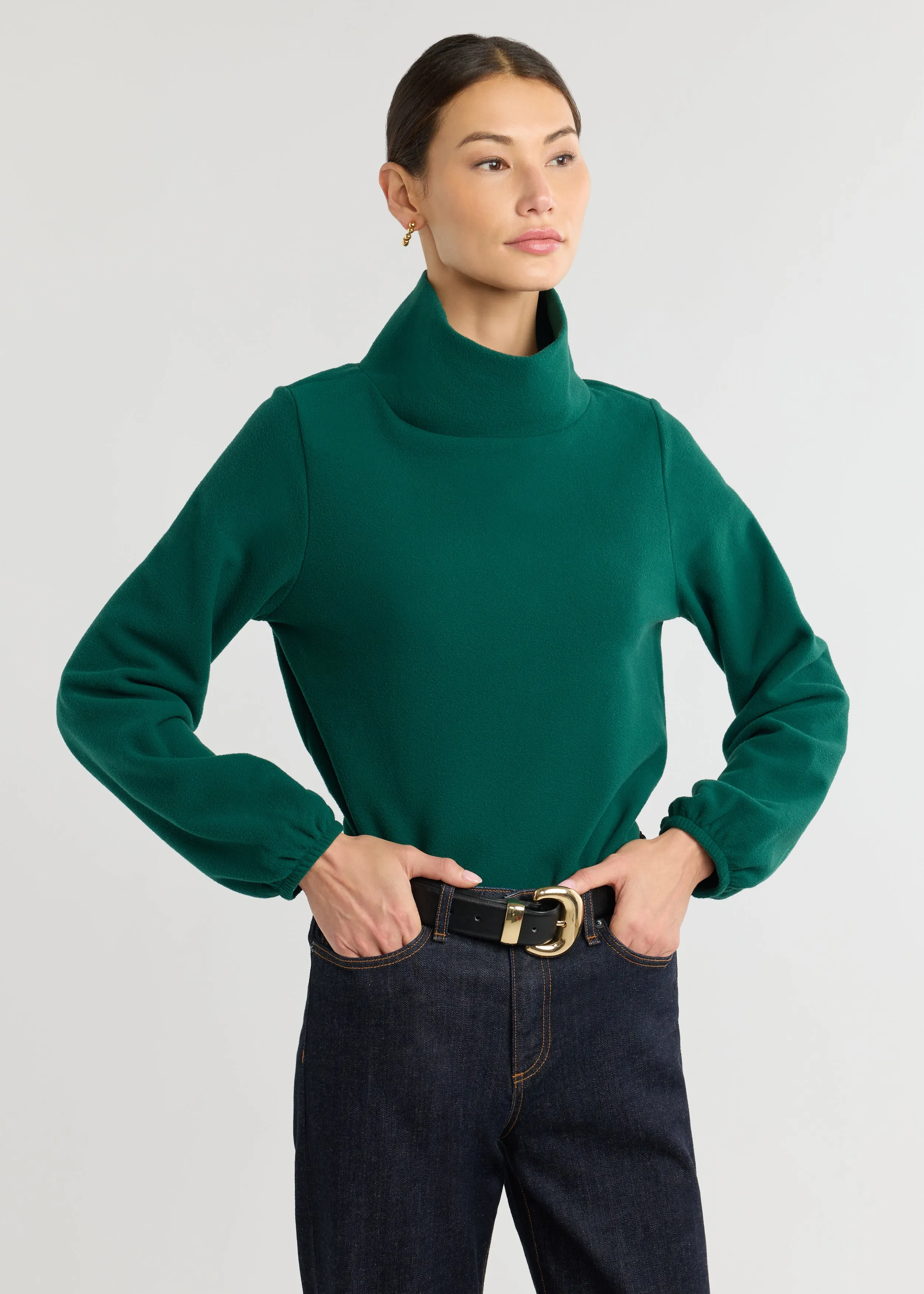Grace Street Turtleneck in Vello Fleece (Emerald) sold by Dudley Stephens