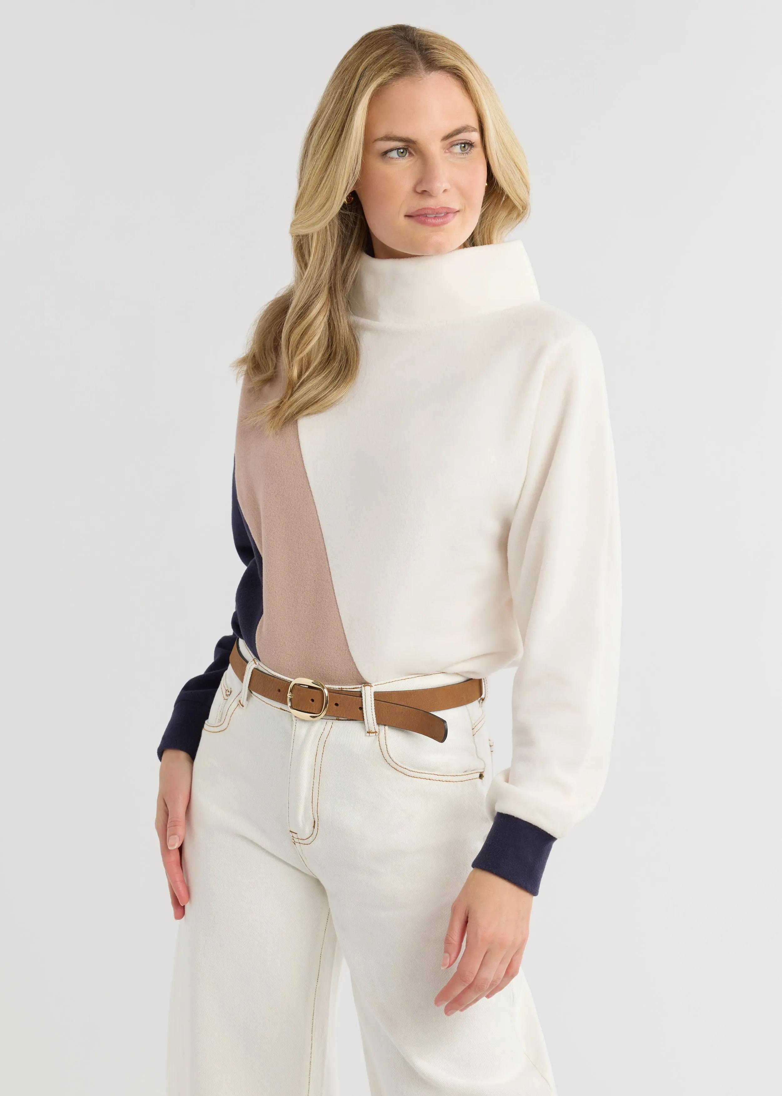Marion Mock Neck in Vello Fleece (Cream Multi) sold by Dudley Stephens