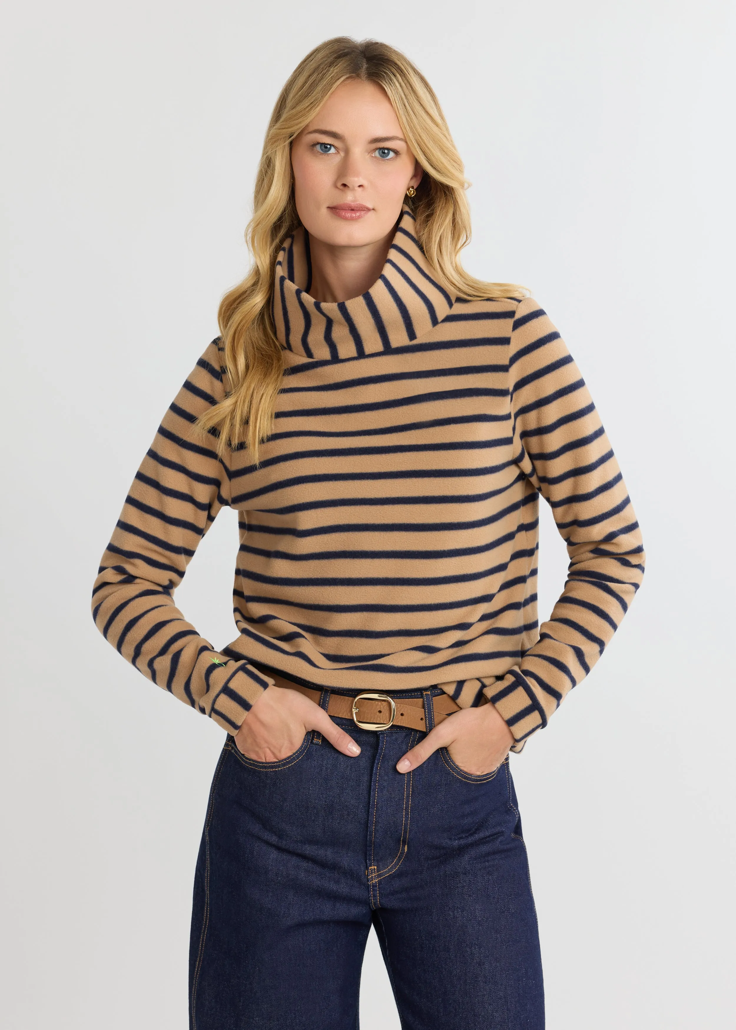 Park Slope Turtleneck in Vello Fleece (Camel/Navy Mariner Stripe) sold by Dudley Stephens