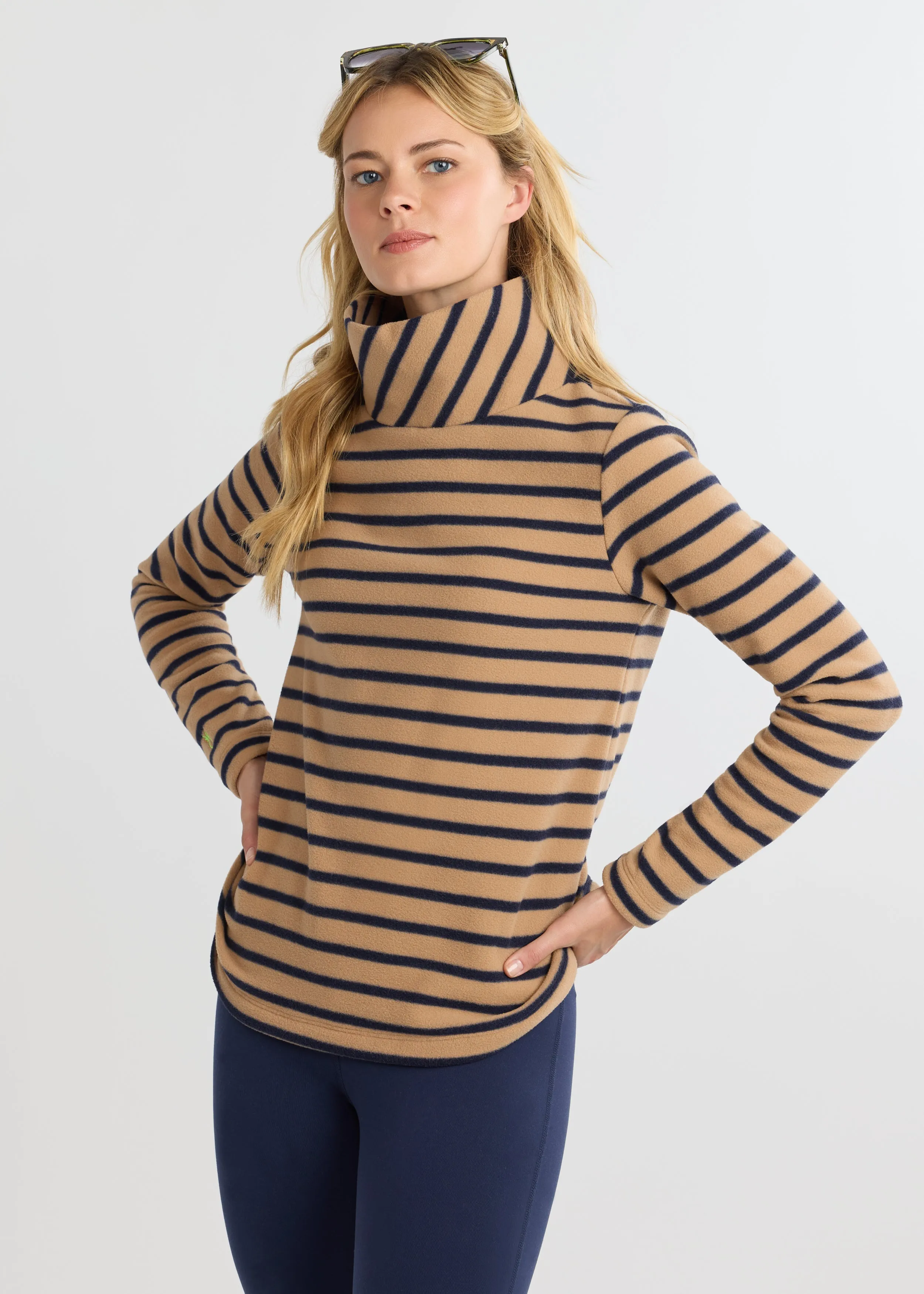 Greenpoint Turtleneck in Vello Fleece (Camel/Navy Mariner Stripe) sold by Dudley Stephens