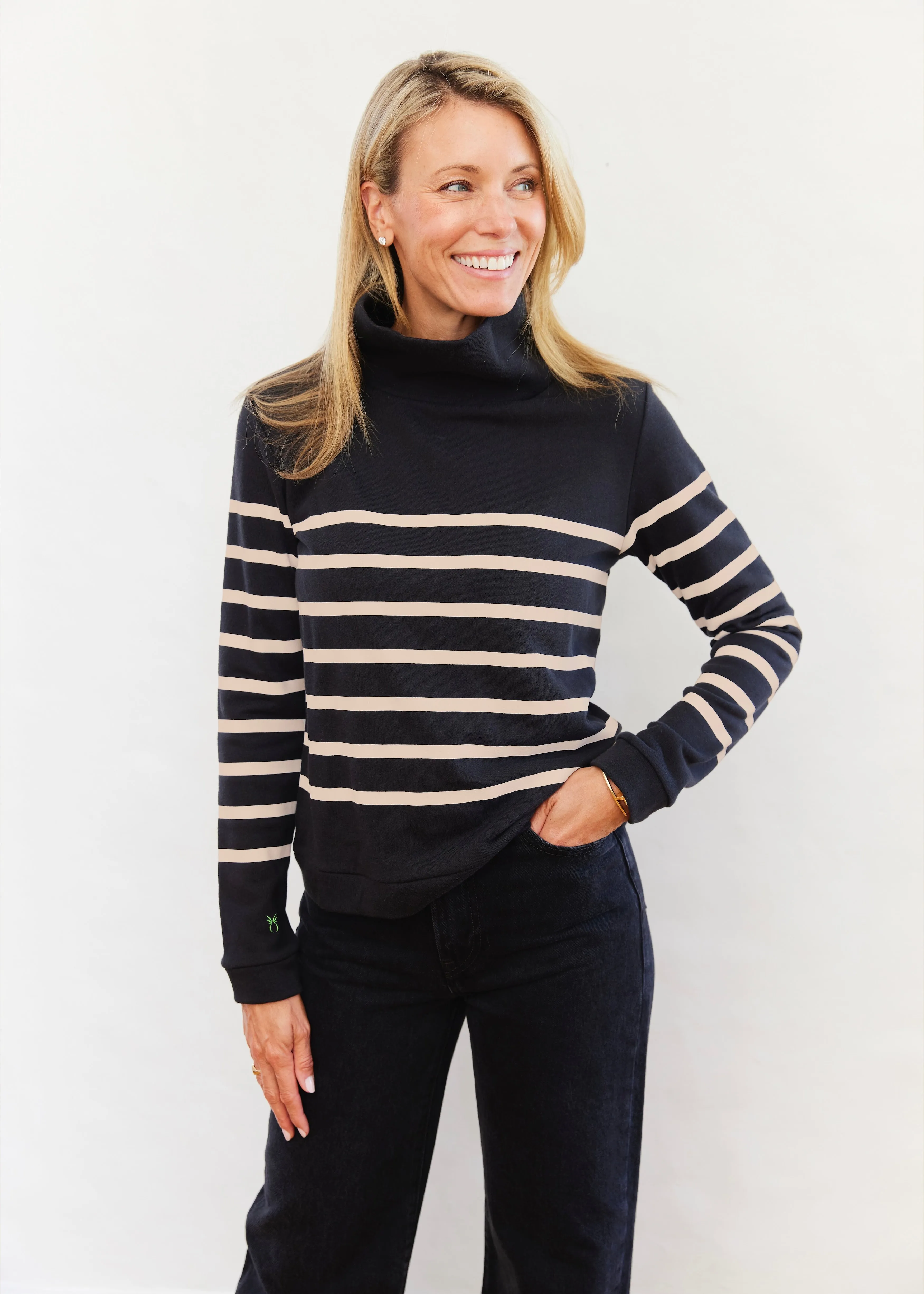 Park Slope Turtleneck in French Terry (Black/Camel Placed Stripe) sold by Dudley Stephens