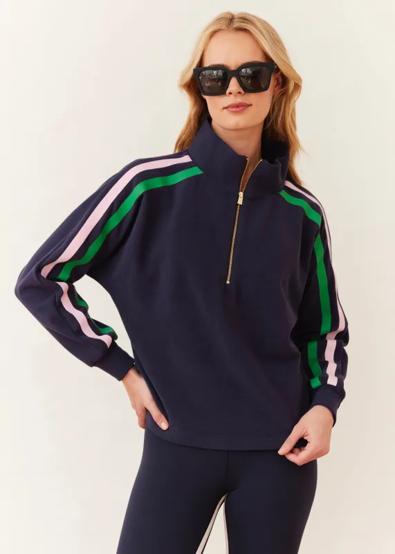 Marion Zip Pullover in Terry Fleece (Navy with Prism Pink and Jelly Bean Stripe) made by Dudley Stephens