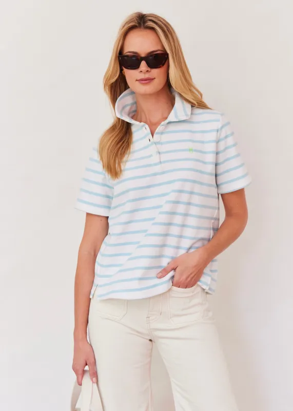 Kit Polo in Terry Fleece (Crystal Blue/White Mariner Stripe) made by Dudley Stephens