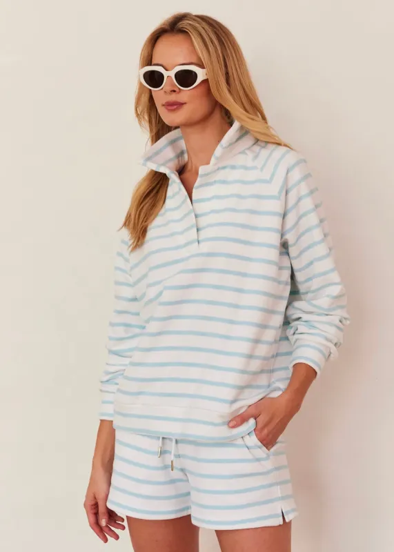 Ingrid Pullover in Terry Fleece (Crystal Blue/White Mariner Stripe) made by Dudley Stephens