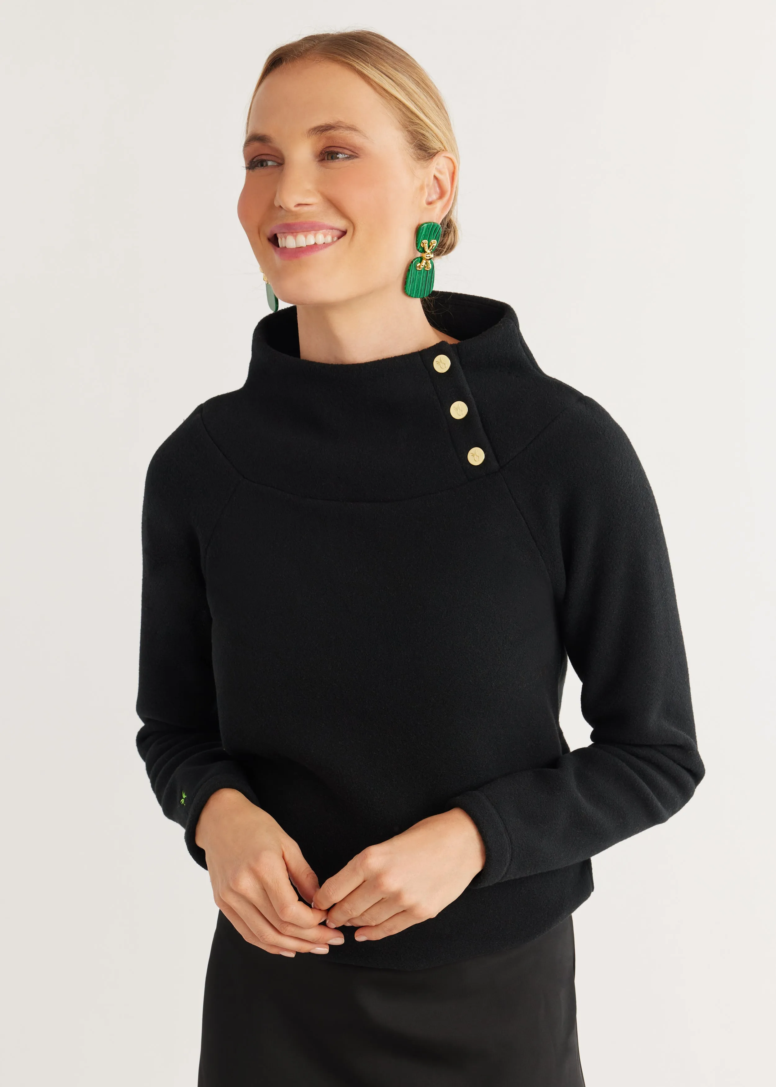 Marielle Mock Neck in Vello Fleece (Black) sold by Dudley Stephens