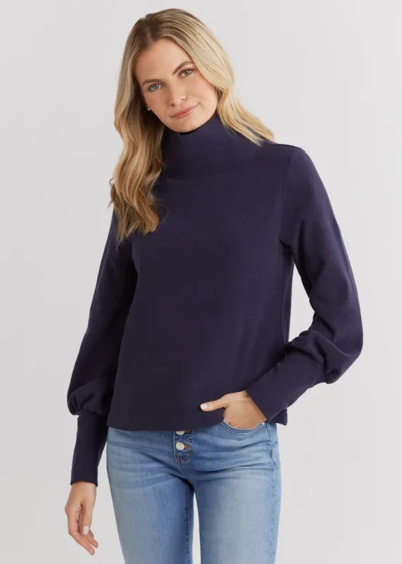 Bellport Puff Sleeve Turtleneck in Terry Fleece (Navy) sold by Dudley Stephens