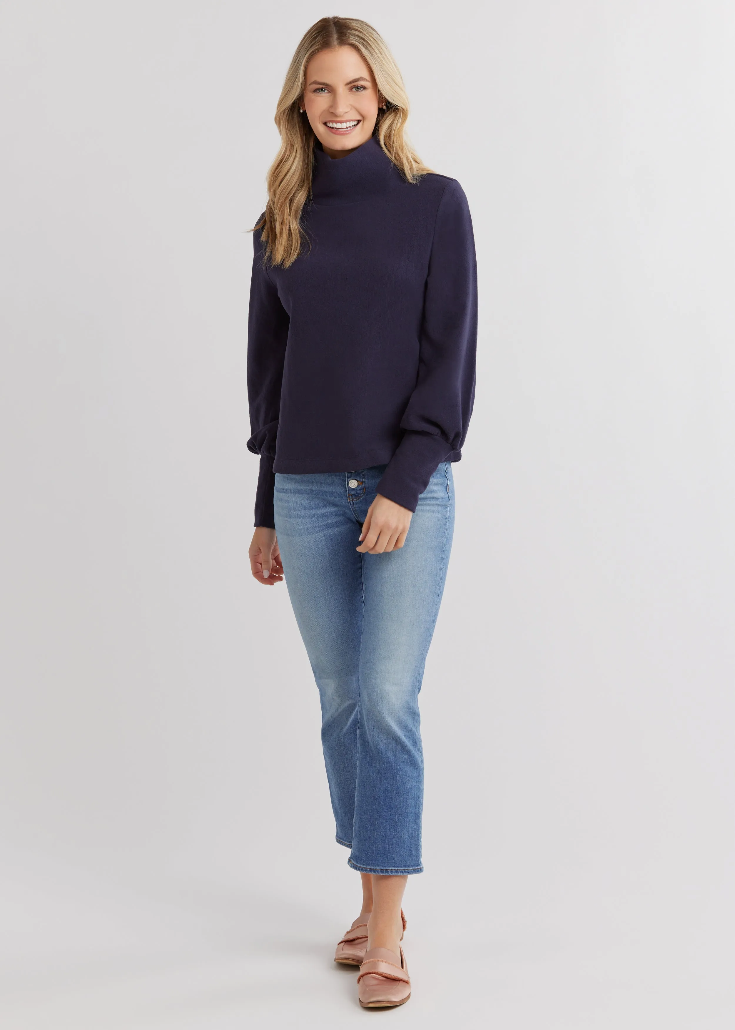 Bellport Puff Sleeve Turtleneck in Terry Fleece (Navy) sold by Dudley Stephens product image thumbnail 2