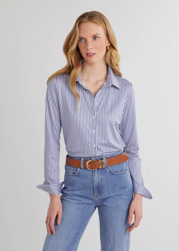 Beaufort Button Down in Luxe Stretch (Blue Pinstripe) sold by Dudley Stephens