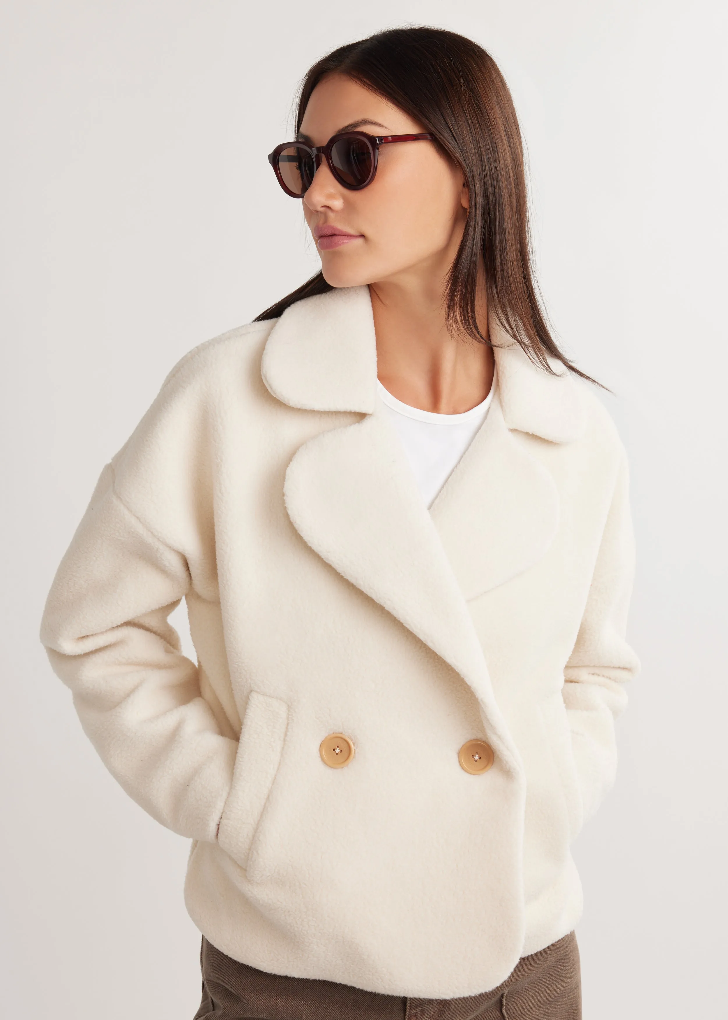 Chalet Coat in Sherpa Fleece (Cream) sold by Dudley Stephens