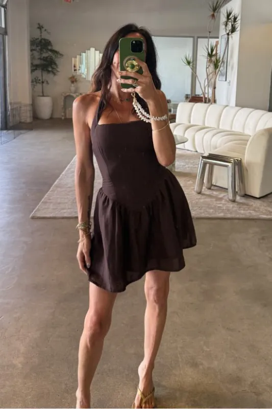 Sutton Mini Dress in Brown Linen sold by RESA