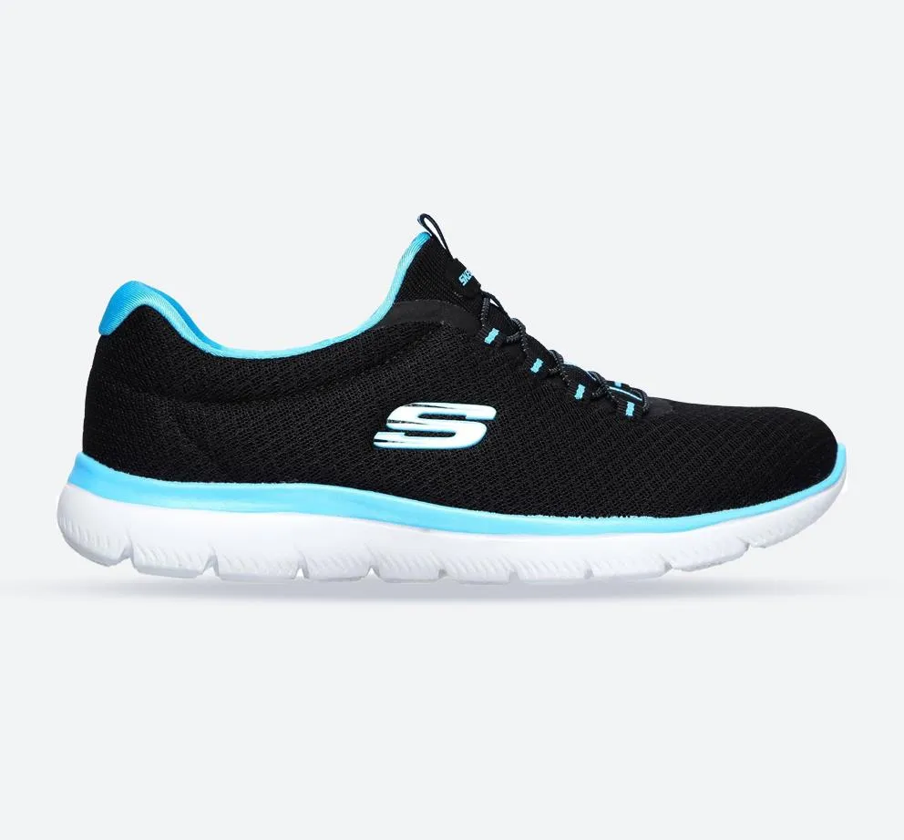 Women's Wide Fit Skechers 12980 Summits Slip On Sports Trainers - Black/Turquoise sold by Wide Fit Shoes