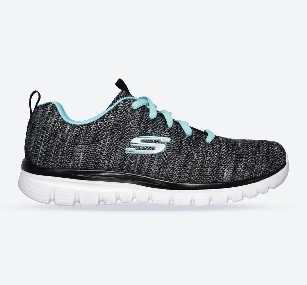 Women's Wide Fit Skechers 12614 Graceful Twisted Fortune Trainers - Black/Turquoise sold by Wide Fit Shoes