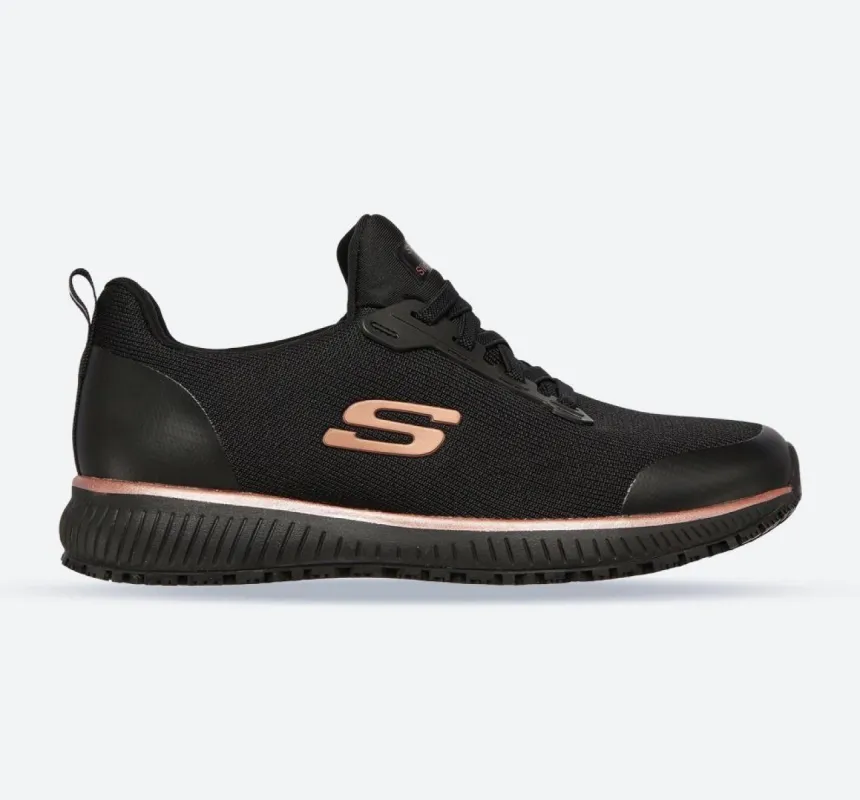 Women's Wide Fit Skechers 77222EC Squad SR Occupational Trainers - Black/Rose Gold sold by Wide Fit Shoes