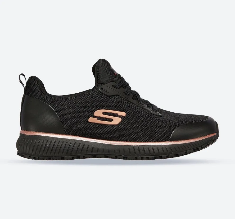 Women's Wide Fit Skechers 77222EC Squad SR Occupational Trainers - Black/Rose Gold sold by Wide Fit Shoes