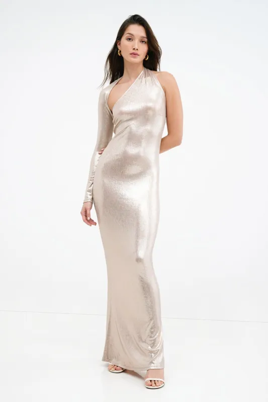 Manhattan Metallic One Shoulder Gown sold by Marcella NYC