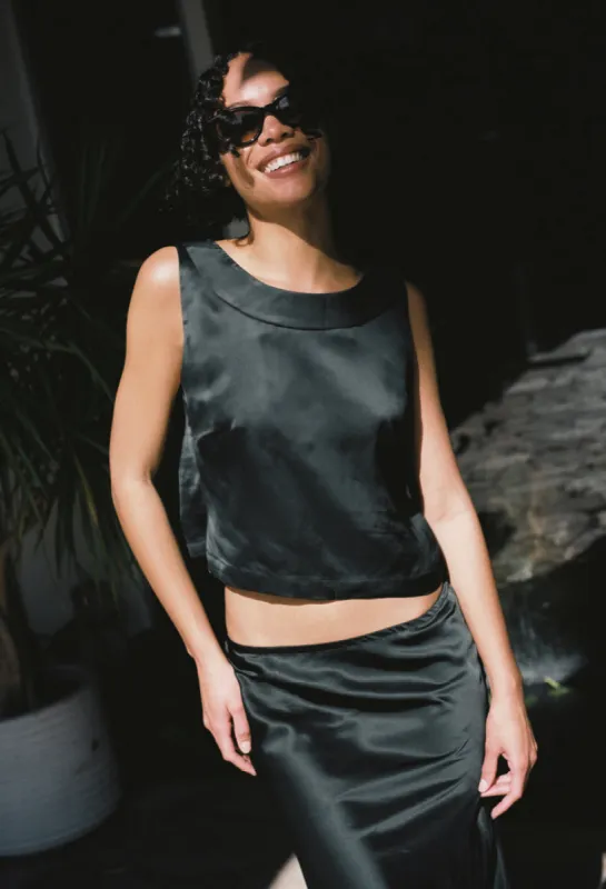 Claudine Black Sleeveless Satin Top made by Ciao Lucia