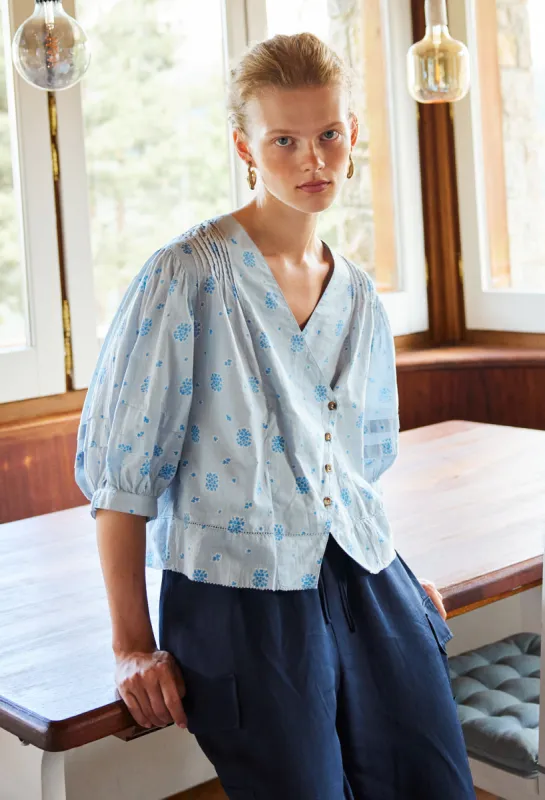 Ximena Blue Printed Cotton Three-Quarter Sleeve Top sold by Ciao Lucia