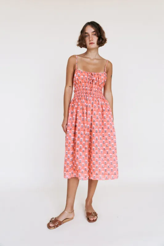 Gabriela Dress Coral Floral Block Print sold by Ciao Lucia