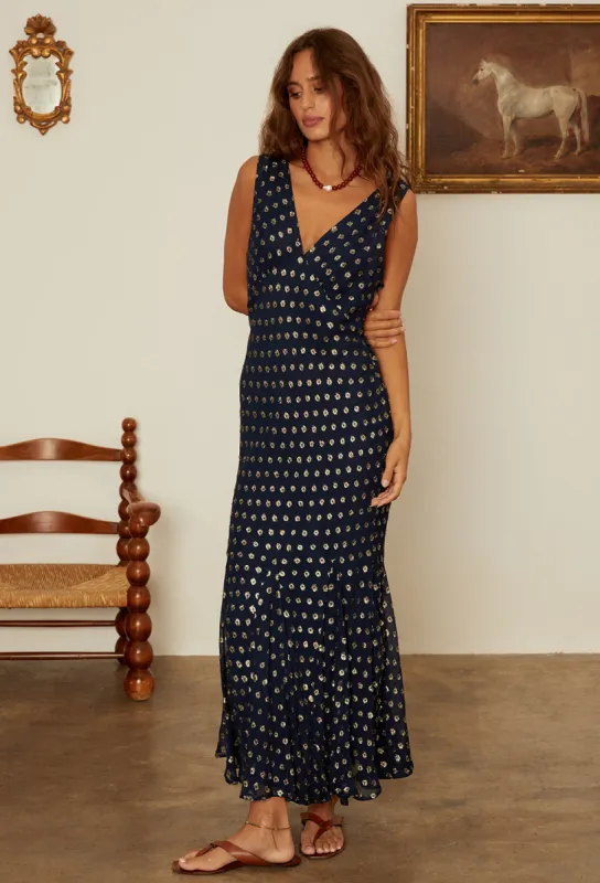 Clarette Georgette Navy Slip Dress with Gold Metallic Dots made by Ciao Lucia