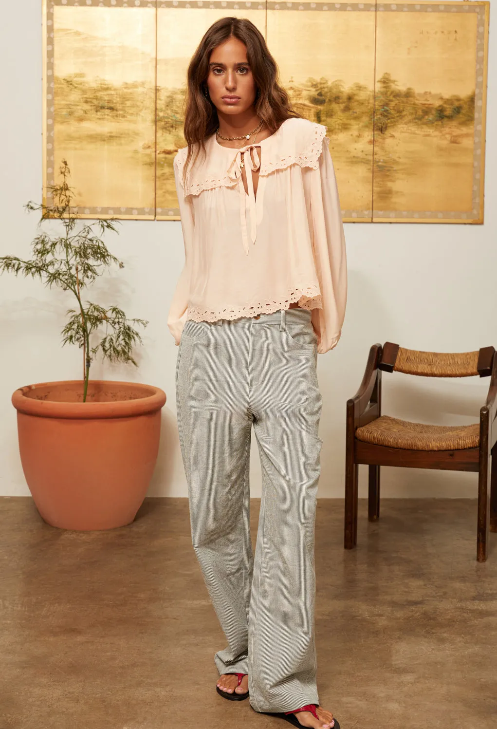 Jona Peach Embroidered Silk Top sold by Ciao Lucia