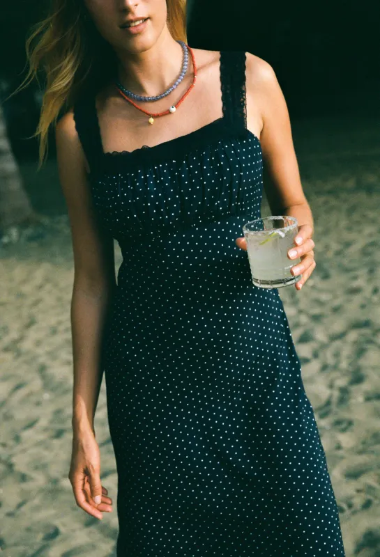Fiore Navy Pin Dot Silky Midi Dress sold by Ciao Lucia