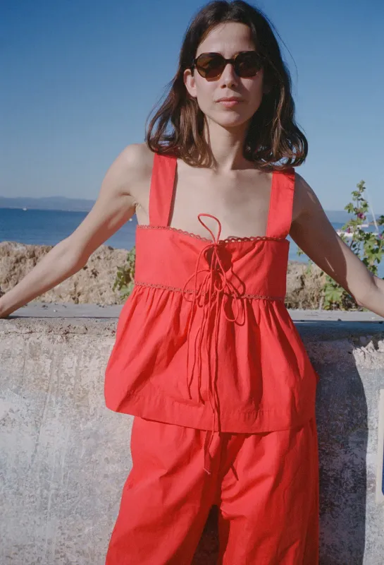 Ander Red Cotton Poplin Lace Top made by Ciao Lucia
