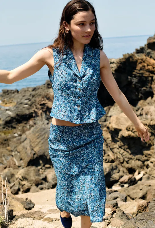 Emilie Blue Print Knee Length Satin Skirt sold by Ciao Lucia