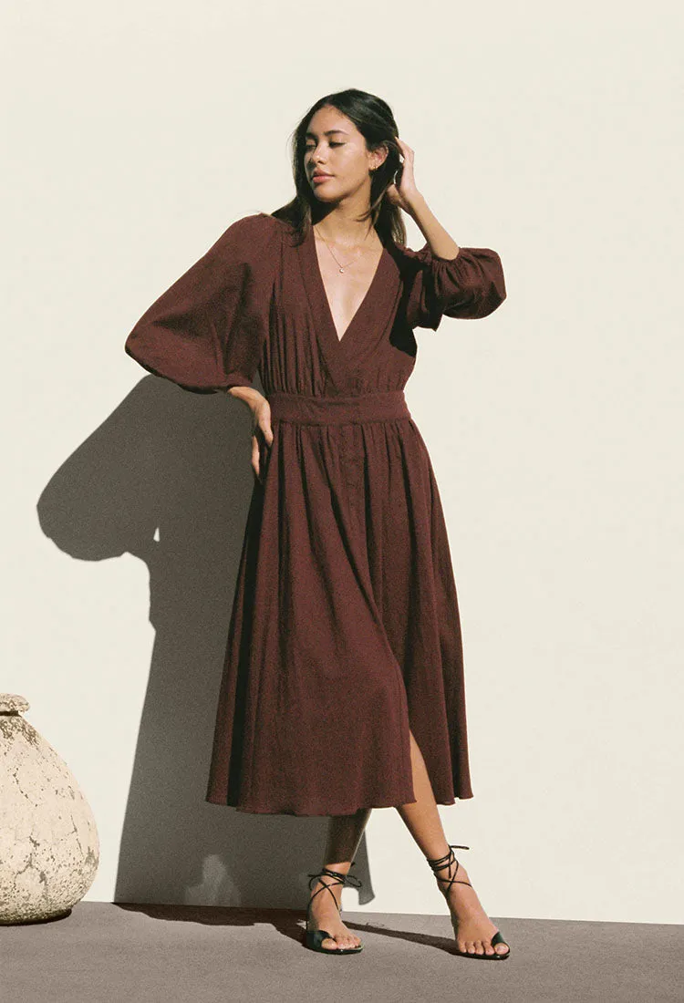 Cala Dress Eggplant sold by Ciao Lucia